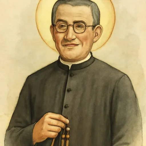Watercolor holy-card portrait of St. Josemaría Escrivá as a smiling middle-aged priest in a black cassock and round dark-rimmed glasses, holding a rosary