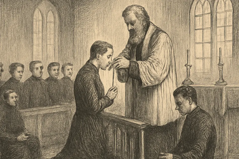 Engraving-style scene of two young missionary priests kneeling at the altar of a chapel to receive their mission crosses from a bearded priest
