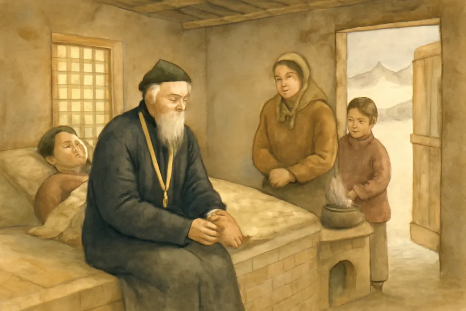 Watercolor-style scene of a bearded missionary in a Chinese gown sitting at the bedside of a sick man in a village house in Shandong in winter
