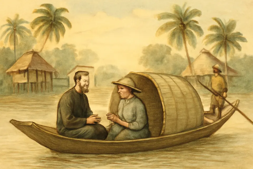 Watercolor-style scene of the young Fr. Joseph Marchand traveling by boat along a broad river in southern Vietnam with a Vietnamese catechist, visiting Christian villages