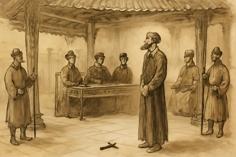 Ink-drawing-style scene of St. Joseph Marchand standing before mandarin judges in Hue in 1835, turning away from a crucifix laid on the floor that he was ordered to step on