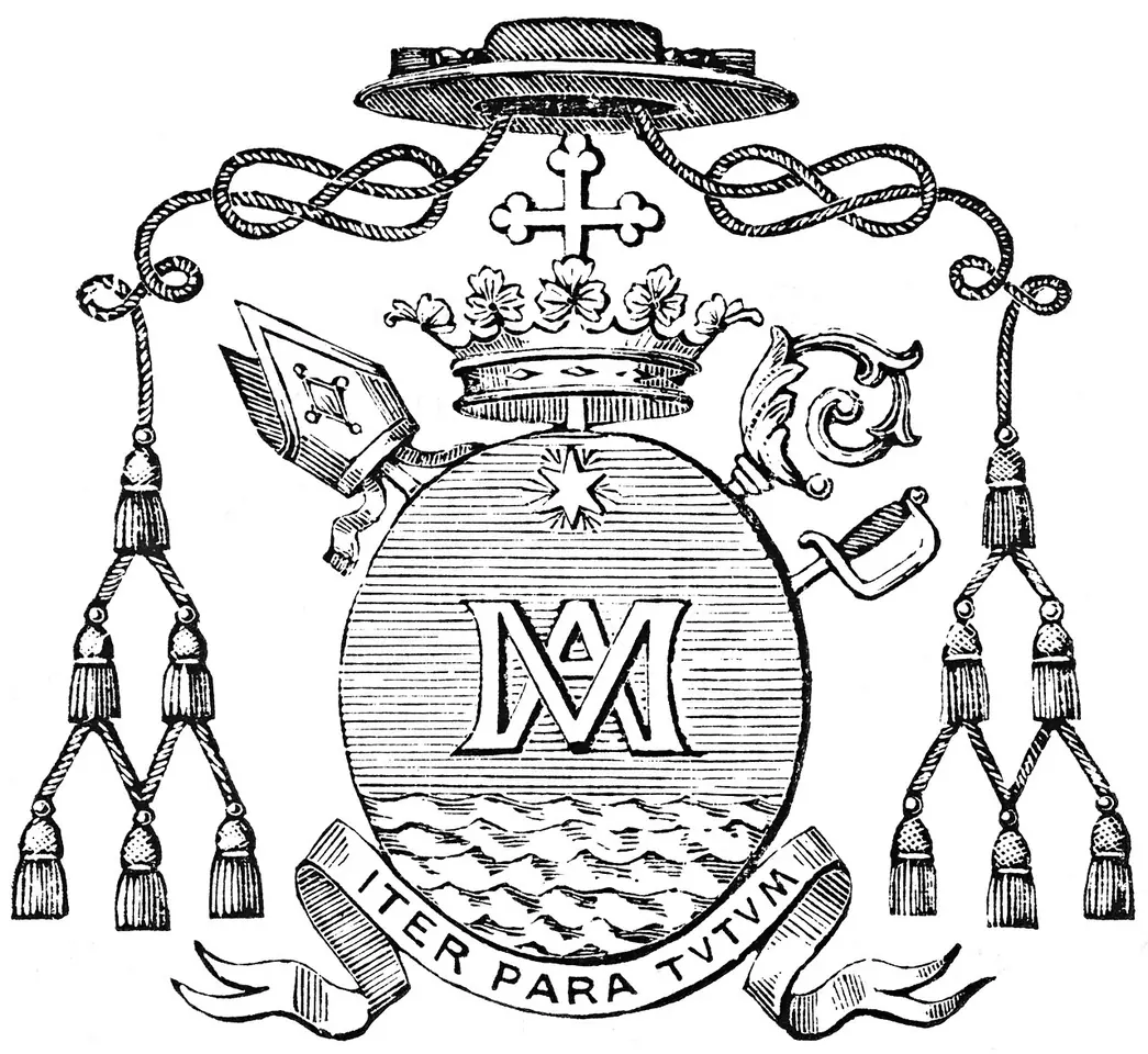 Black-and-white engraving of a bishop's coat of arms with a hat and tassels, a crown, miter and crozier, an oval shield bearing an interlaced M and A above waves under a star, and the motto Iter para tutum on a ribbon