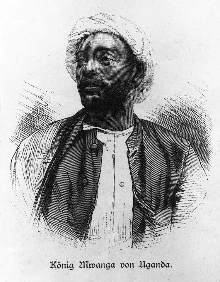 Nineteenth-century engraved portrait of a young African king in a white turban and robe with a dark jacket, captioned in German