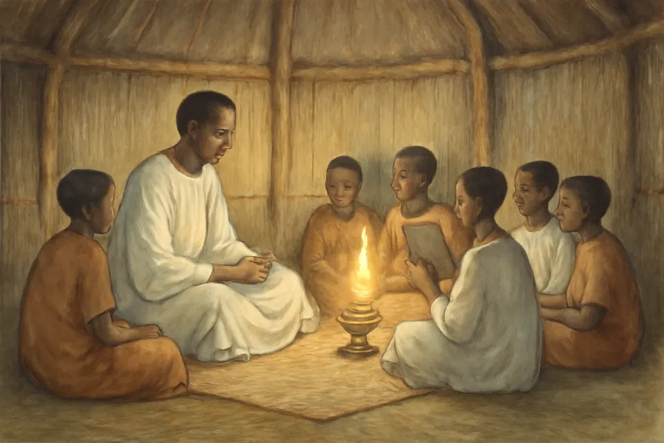 Watercolor-style scene of a young man in a white robe teaching a group of boys inside a thatched house by lamplight