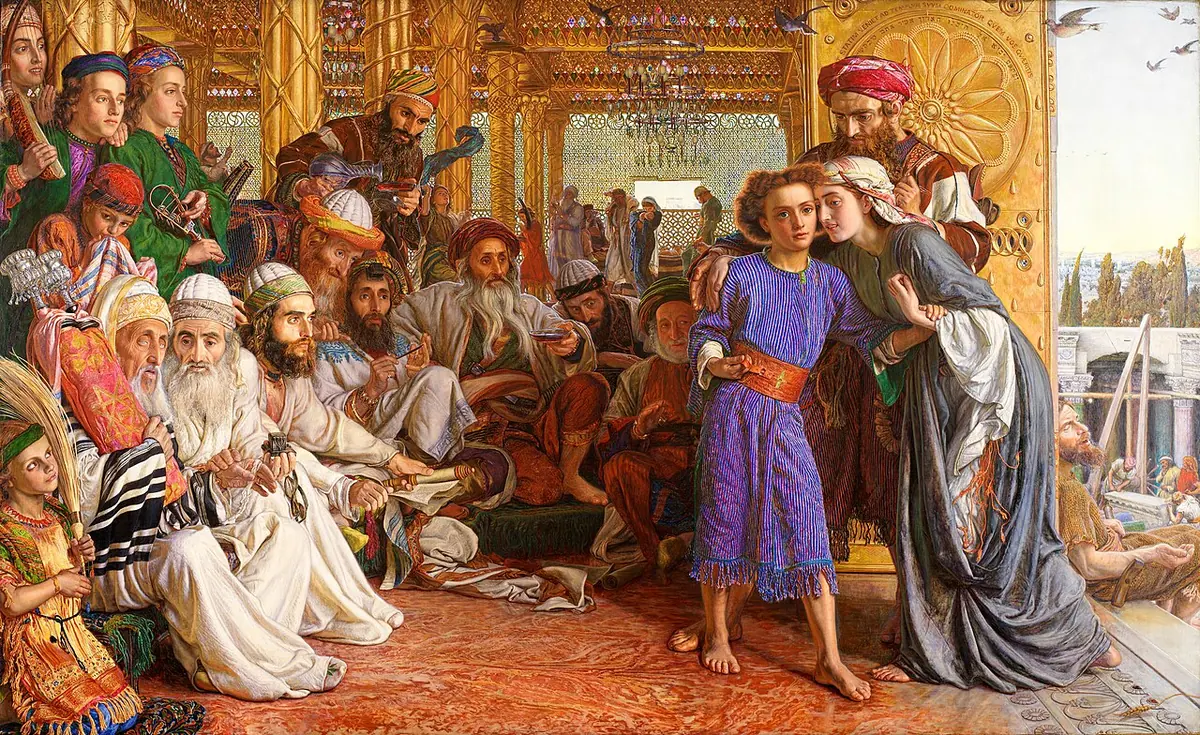 In a gold-lit temple hall, Mary embraces the twelve-year-old Jesus in a striped robe while Joseph stands behind them and the elders sit with their scrolls