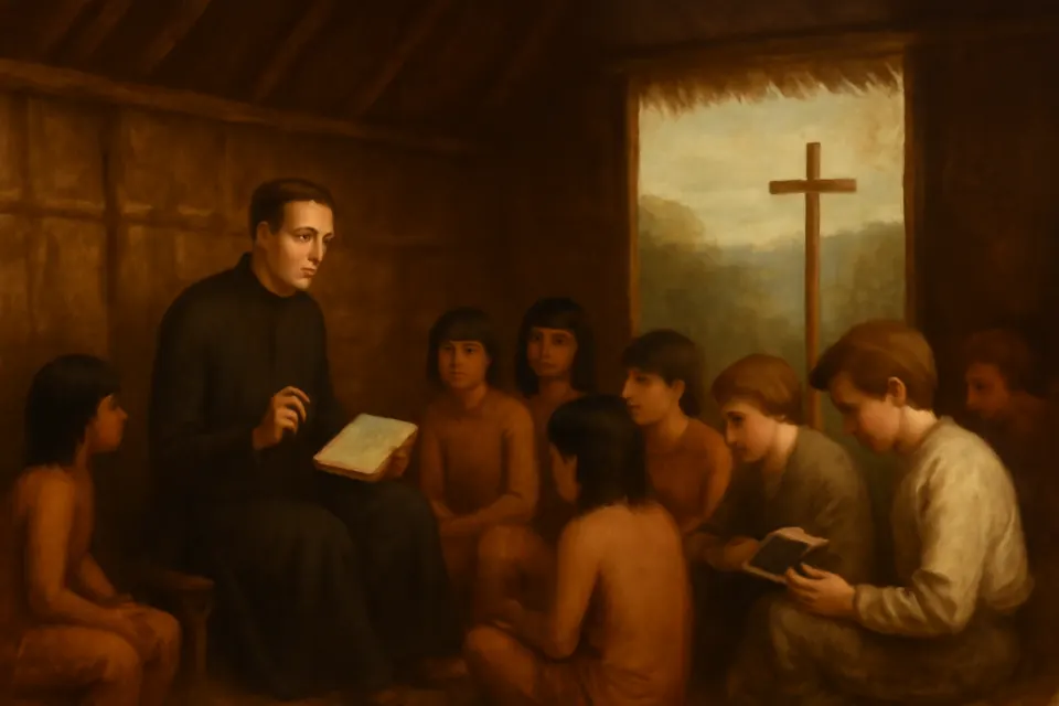 Oil-painting-style scene of the young Jesuit Joseph of Anchieta teaching a group of Tupi boys and Portuguese students in a simple mud-and-thatch school on the plateau of Piratininga, the beginning of São Paulo
