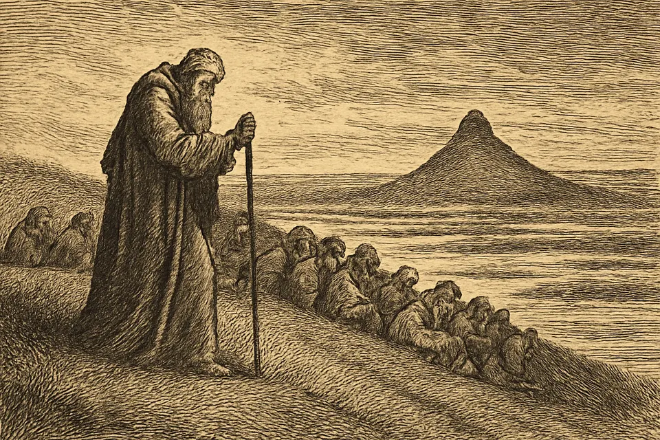 Illustration of an old traveler planting his staff on a grassy hill above marshland, with tired companions resting behind him
