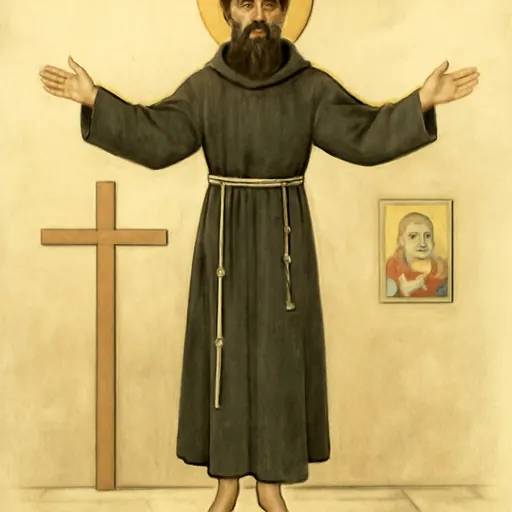 Oil-painting-style portrait of St. Joseph of Cupertino as a bearded Franciscan friar in a black habit, his eyes raised and arms spread, rising slightly from the ground