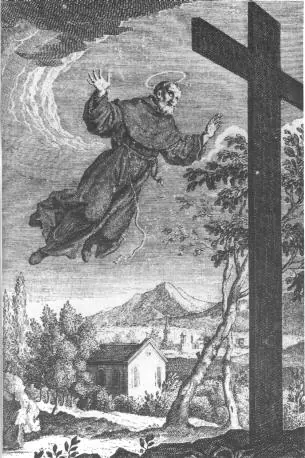 Black-and-white engraving of a friar with arms outstretched flying through the air toward a tall wooden cross standing on a hill above a small chapel