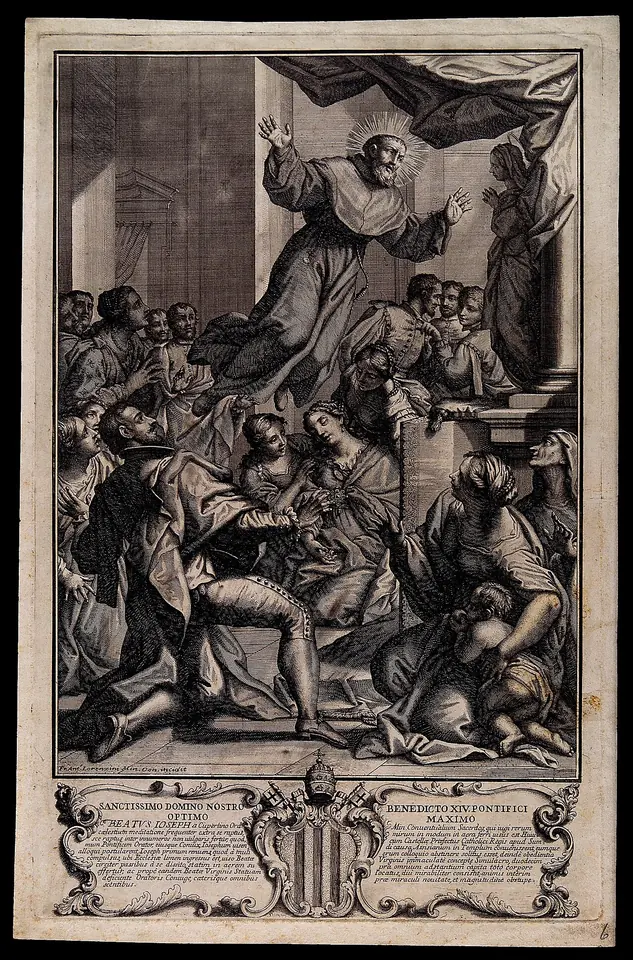 Large engraving of a friar rising above an altar in ecstasy while a crowd of clergy, nobles and ordinary people below look up and gesture in amazement