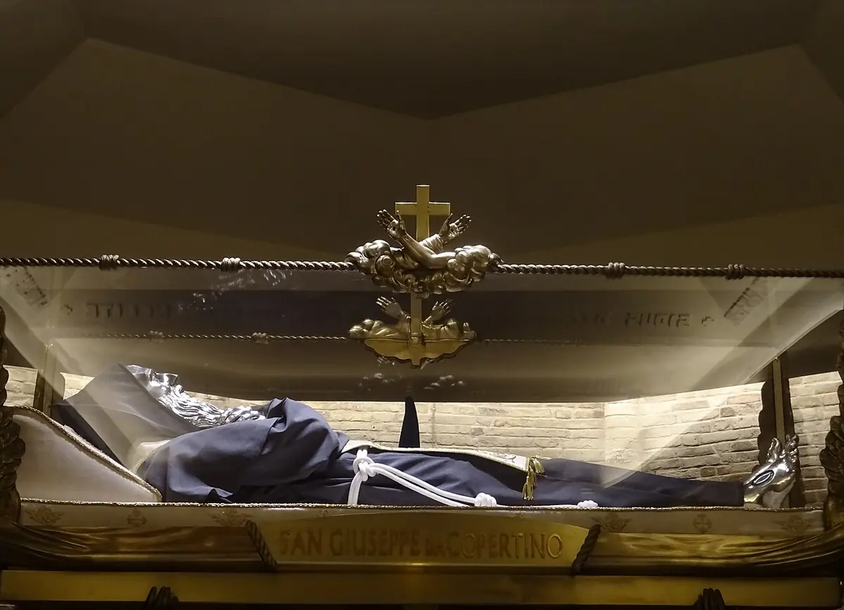 A glass and gilded urn in a dim crypt holding the reclining figure of a friar in a dark Franciscan habit, with a gilt cross on the lid