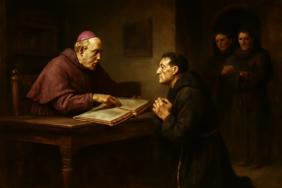 Painting-style illustration of a nervous young friar kneeling before a seated bishop who points to a passage in an open Gospel book