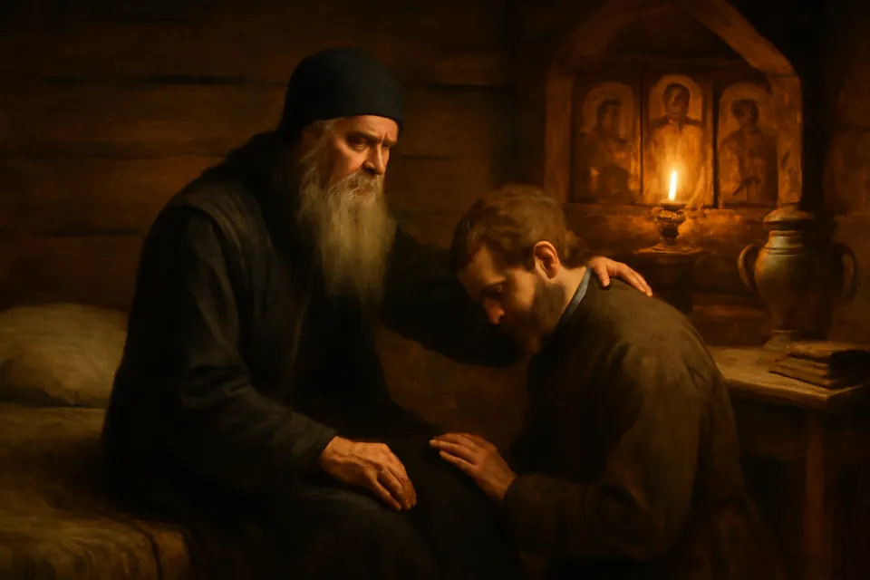 Oil-painting-style scene of an old monk elder resting a hand on the shoulder of a kneeling young novice in a monastery cell