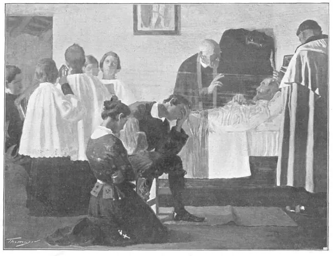 Black-and-white reproduction of a painting of a dying priest on his bed, surrounded by kneeling women, altar boys in white surplices and a priest giving a blessing