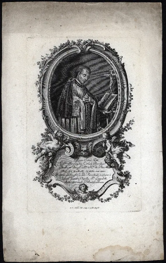 Engraved portrait of a priest in a cassock inside an ornate rococo oval frame, with a long inscription beneath
