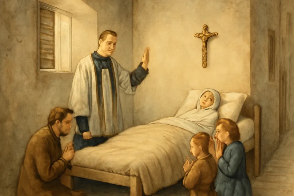 Watercolor-style scene of a priest in a black cassock blessing a sick woman lying on a cot in a poor Barcelona room while her family kneels