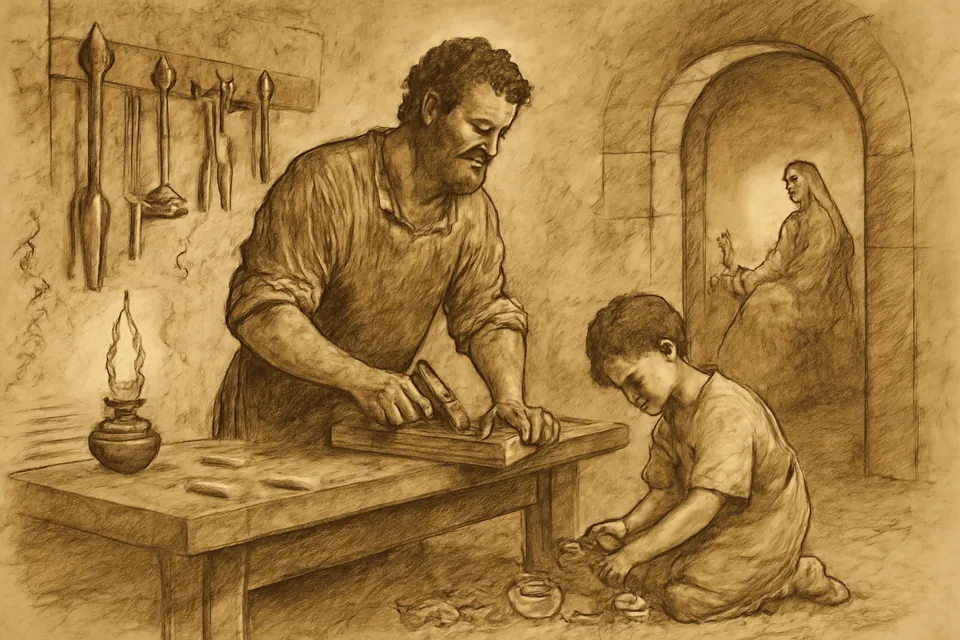 Oil-painting-style illustration of St. Joseph at his carpenter's bench in a lamplit workshop in Nazareth, pausing from his work while the boy Jesus gathers wood shavings at his feet
