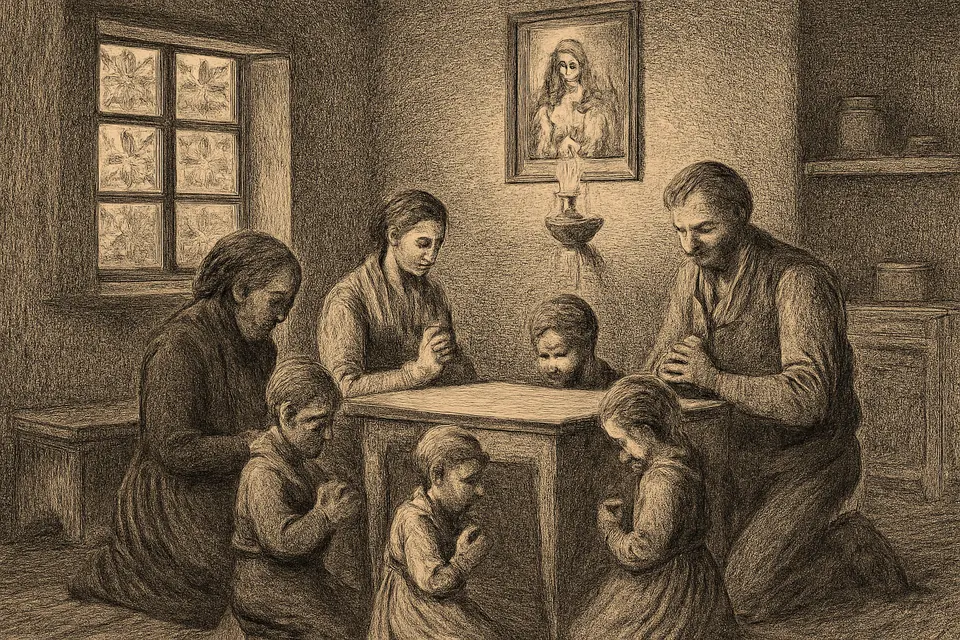 Engraving-style illustration of a nineteenth-century family praying the Rosary together in the evening before a picture of St. Joseph