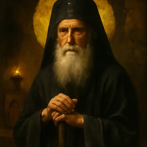 Oil-painting-style portrait of St. Joseph the Hesychast as an elderly Orthodox monk with a long white beard, a black monastic hood and a black prayer rope in his hands