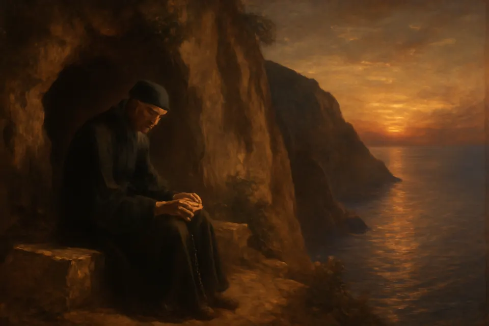 Oil-painting-style scene of a monk in black praying with a prayer rope at the mouth of a cave above the sea on Mount Athos at sunset