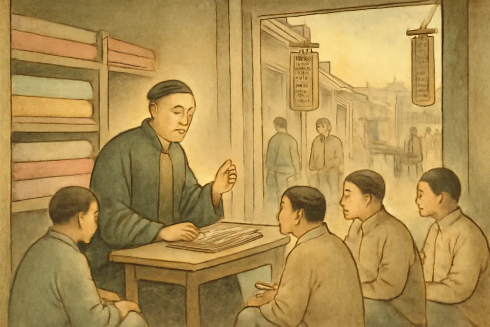 Watercolor-style scene of Joseph Zhang Dapeng teaching the Christian faith to a small group of men and boys in the front room of his house on a busy street in Guiyang
