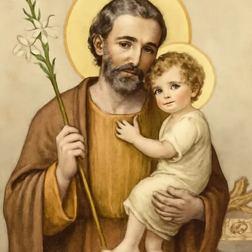Oil-painting-style portrait of St. Joseph as a bearded man in a brown cloak holding the Child Jesus and a flowering lily staff