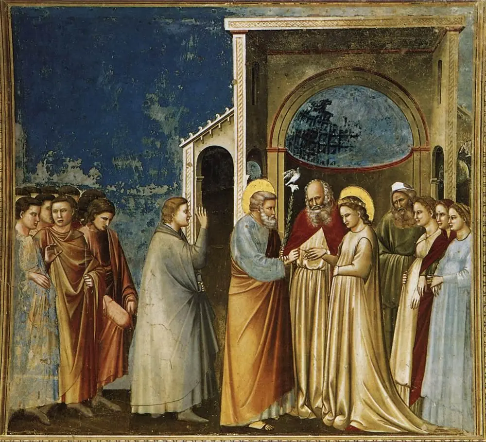 Fresco of an older, gray-bearded Joseph giving Mary a ring before the high priest, holding a flowering staff with a dove perched on top, while the disappointed young suitors stand behind him