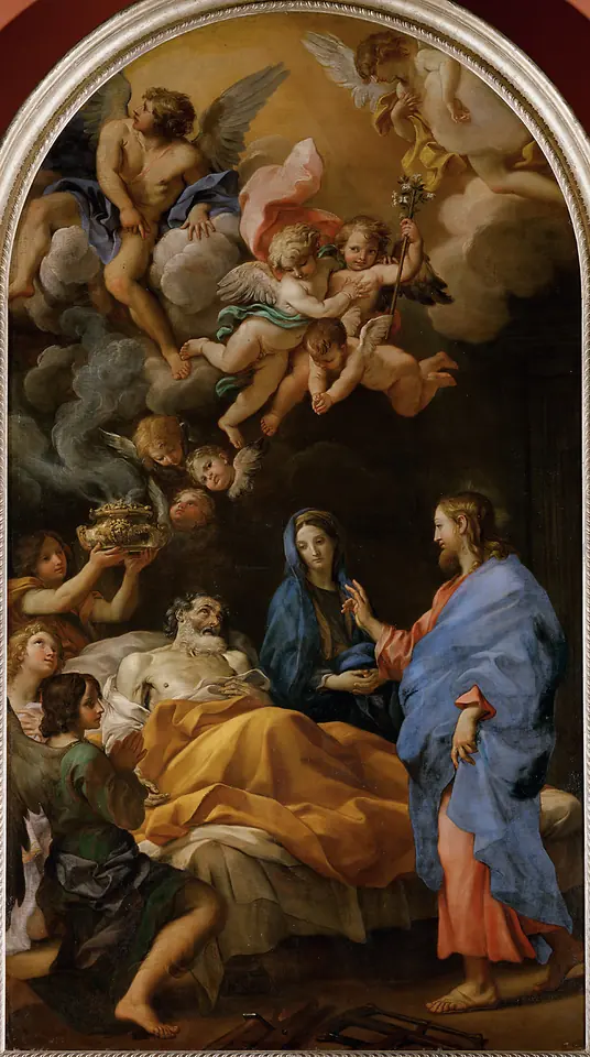 Tall Baroque painting of the dying Joseph lying in bed, with Mary at his side and Jesus standing by him with his hand raised, while angels gather in the clouds above