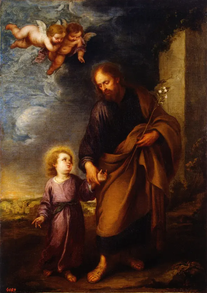 Painting of a dark-haired, middle-aged Joseph holding a flowering staff and leading the small boy Jesus by the hand along a path, with cherubs in the clouds above