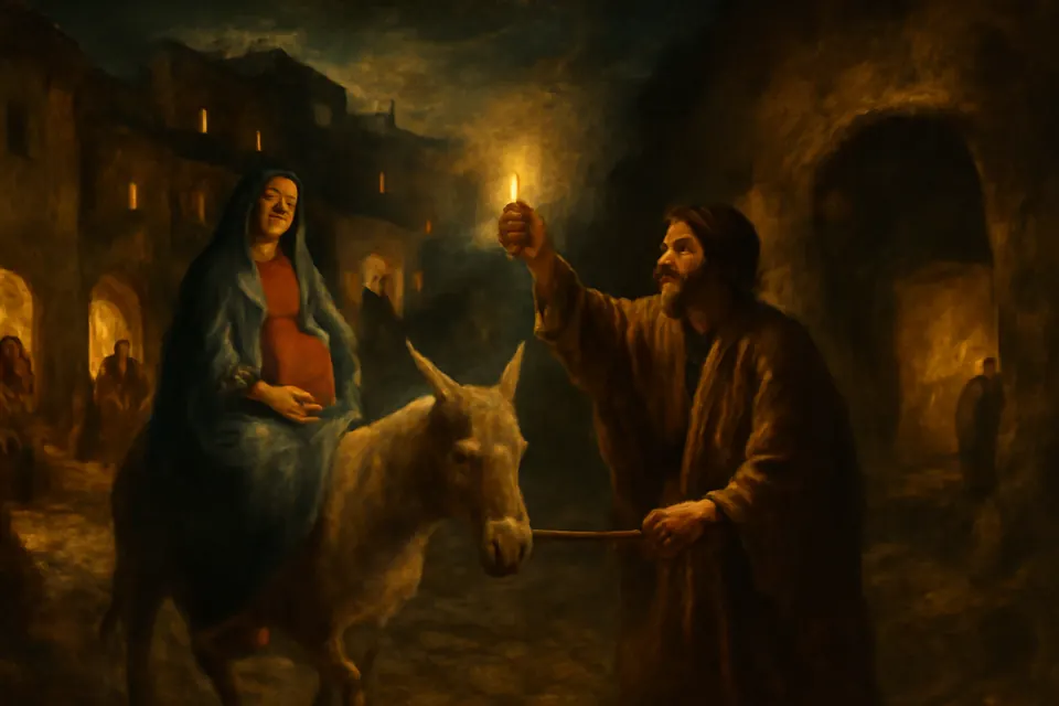 Illustration of Joseph leading Mary on a donkey through a crowded Bethlehem street at night, looking for a place to stay