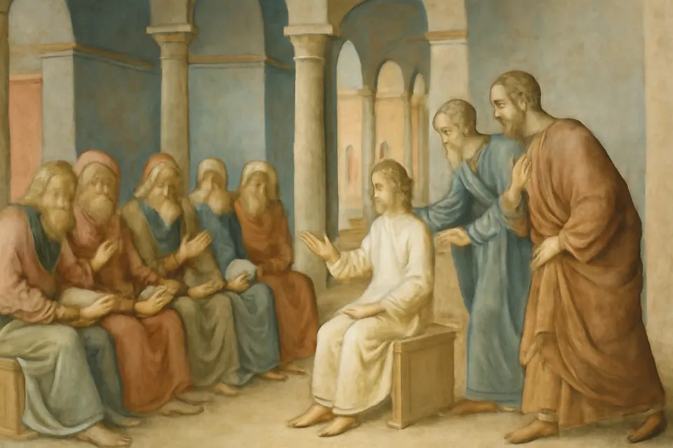 Illustration of Joseph and Mary finding the twelve-year-old Jesus among the teachers in the Temple