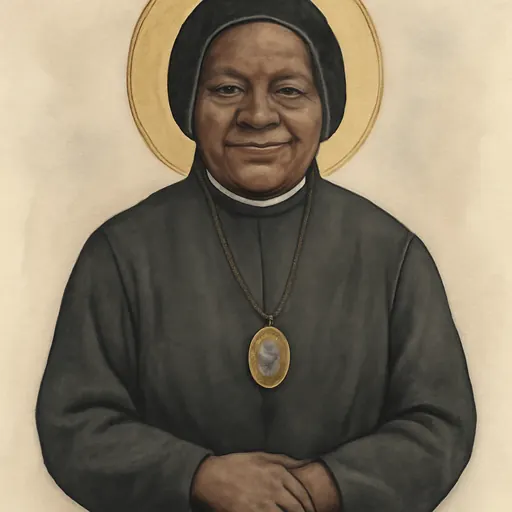 Watercolor holy-card portrait of St. Josephine Bakhita as an older Canossian sister in a black habit and ruffled black bonnet, smiling gently, with a medal on her chest