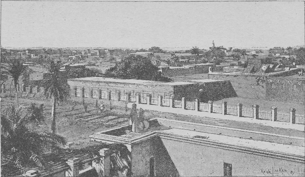 Engraving of the flat roofs and walls of Khartoum with palm trees, seen from above