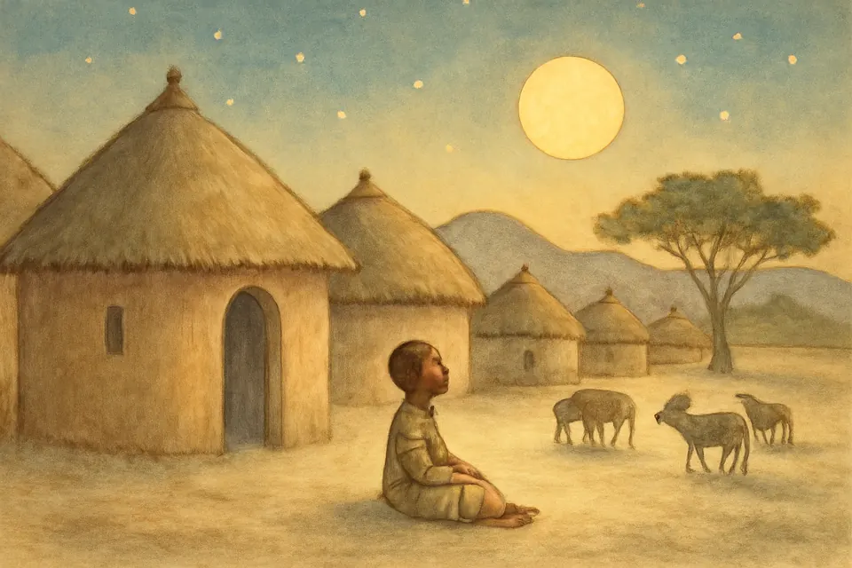 Illustration of a small girl in a Darfur village at dusk looking up at the moon and the first stars