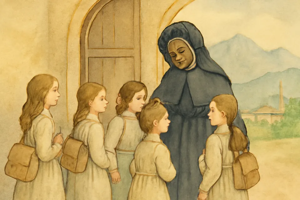 Illustration of an elderly Canossian sister welcoming schoolchildren at the door of a convent in Schio