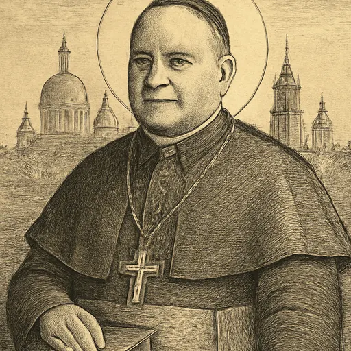 Engraving-style portrait of St. Józef Bilczewski as a stout, clean-shaven Polish archbishop of the early 1900s in a skullcap and choir dress with a pectoral cross