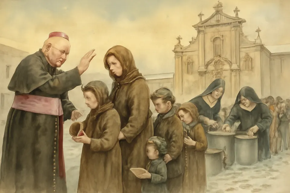 Watercolor-style scene of Archbishop Bilczewski blessing hungry families at a church relief kitchen in Lwów during World War I