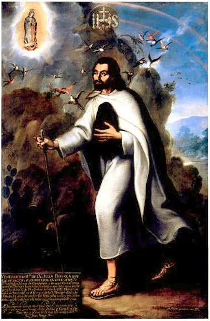 Colonial painting of Juan Diego in a long white cloak walking with a staff, a small image of Our Lady of Guadalupe in the clouds above him, with a long inscription at the bottom