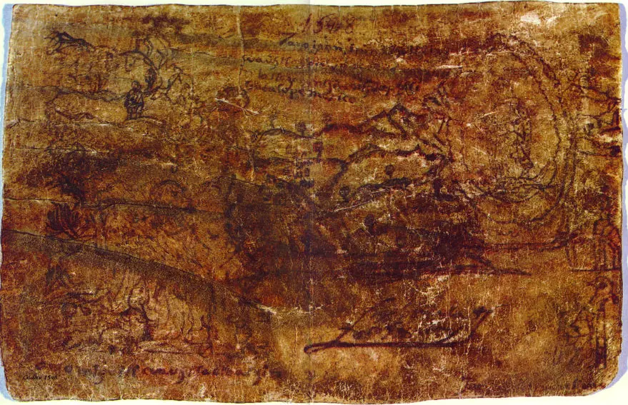 Faded brown sheet of deerskin with ink drawings of a hillside apparition and a few lines of writing