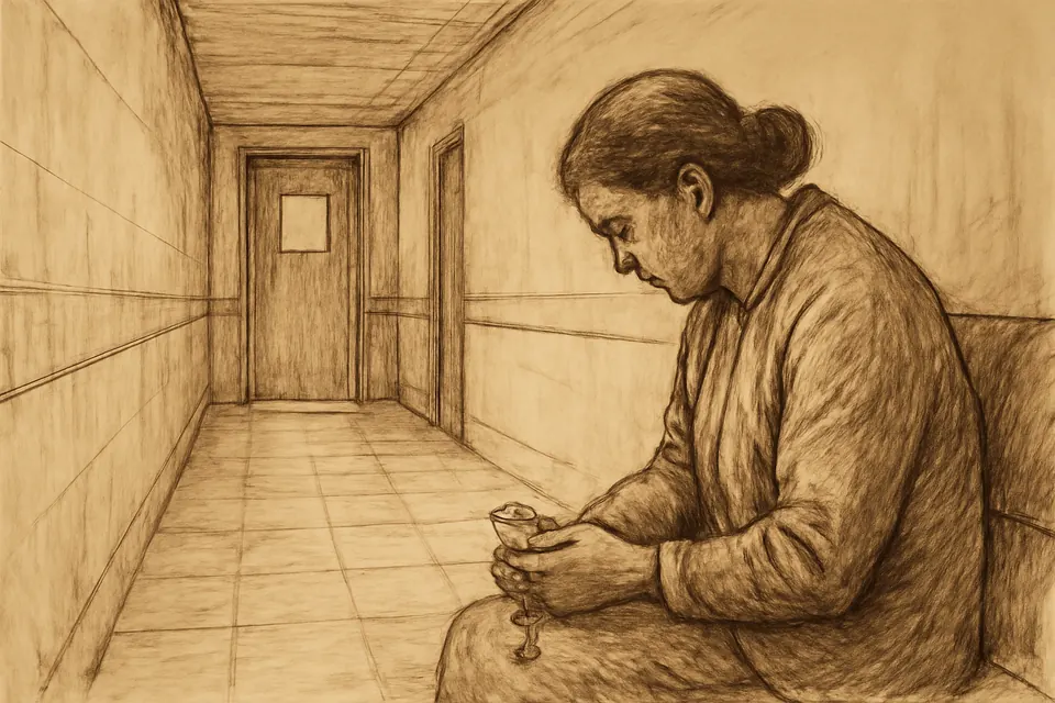 Drawing of a woman seen from behind, praying with a rosary in a hospital corridor in Mexico City in 1990