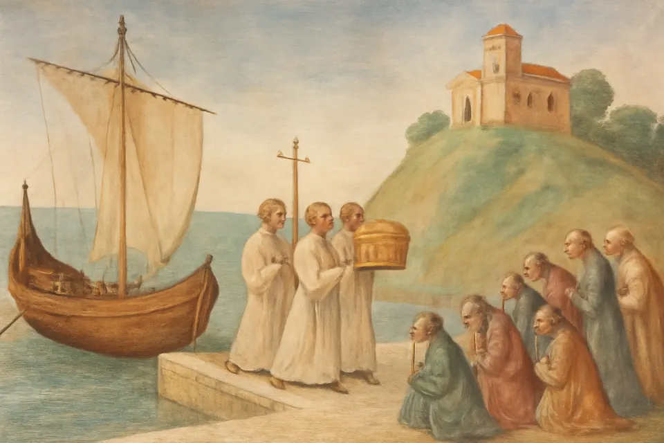 Fresco-style scene of a ship arriving at a hilltop harbor town on the Adriatic while clergy with candles carry a reliquary ashore