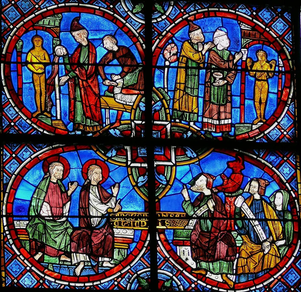 Four round medieval stained-glass panels in deep red and blue showing robed apostles preaching, baptizing and confronting idols