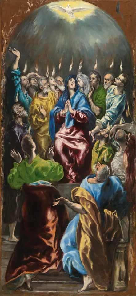 El Greco painting of the apostles and the Virgin Mary gathered in a tight group as tongues of fire descend on them from a dove in a burst of light