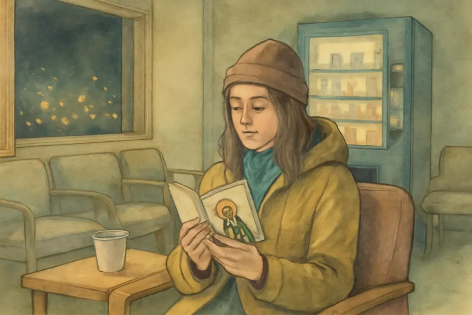 Watercolor illustration of a young woman in a hospital waiting room reading a small St. Jude novena booklet, a paper cup of coffee beside her