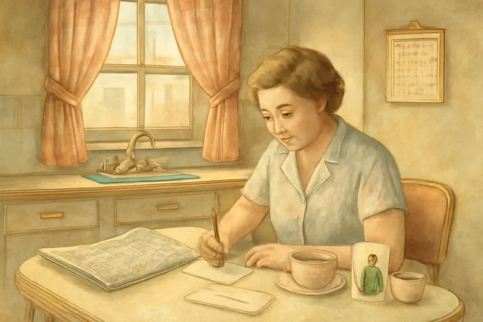 Watercolor illustration of a woman at a 1950s kitchen table writing a short thank-you notice to St. Jude, with the newspaper's classified page open beside her