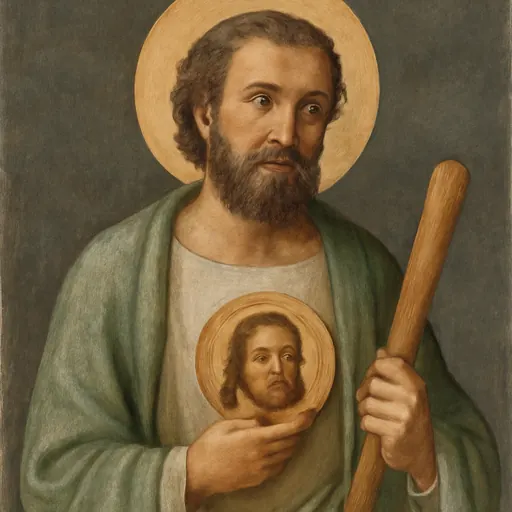 Oil-painting-style portrait of St. Jude Thaddeus in a green cloak, holding a medallion with the face of Christ, with a small flame above his head