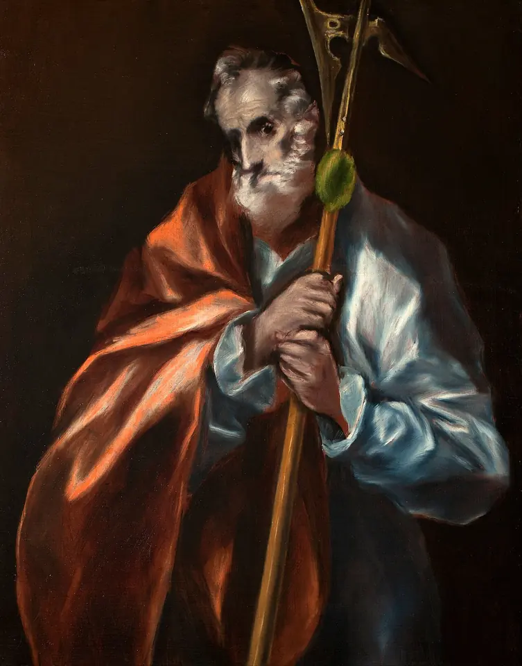 El Greco painting of a gray-bearded St. Jude in a red cloak over a blue robe, holding a tall halberd with both hands