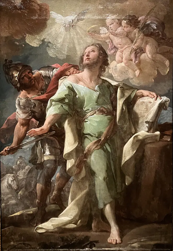 Baroque painting of St. Jude in a green robe looking up to heaven, where angels and a dove appear, as soldiers seize him from behind