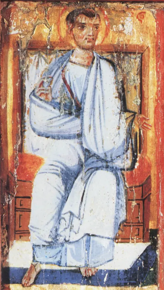 Byzantine icon of a young apostle in pale blue robes seated on a cushioned throne, against a worn gold and red ground