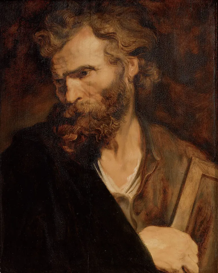 Oil sketch of a bearded apostle with tousled hair looking down, a dark cloak over his shoulders and a book under his arm
